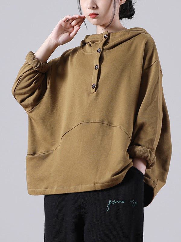 Casual Solid Color Buttoned Batwing Sleeve Hoodies
