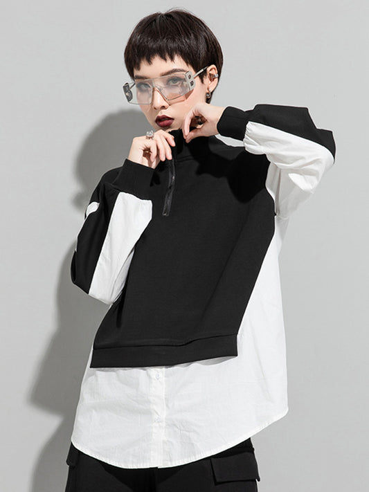 Stylish Split-Joint False Two Long Sleeves Zipper Stand Collar T-Shirt