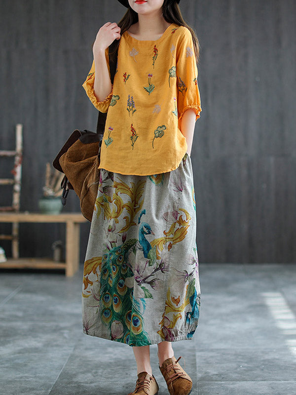 Ramie Cotton Embroidered Round-Neck Short Sleeve T-Shirts Tops