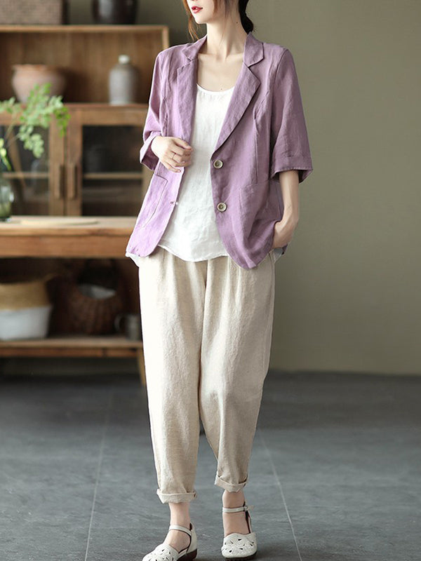 Urban Simple Solid Color Notched Collar Half Sleeves Blazer