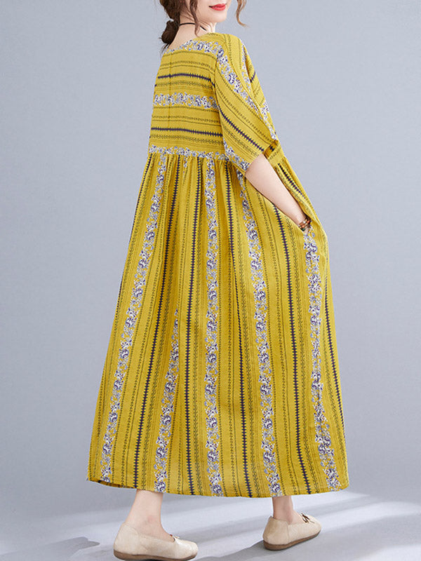 Vintage Striped Printed Round-Neck Short Sleeves Midi Dress