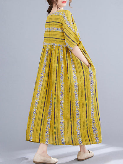 Vintage Striped Printed Round-Neck Short Sleeves Midi Dress