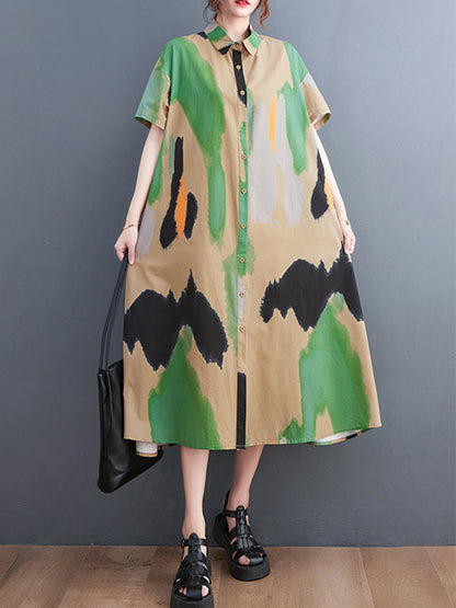 Artistic Retro Contrast Color Printed Midi Dress