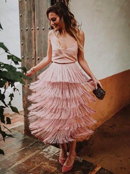 Spaghetti-neck Stacked Tassels Midi Dress