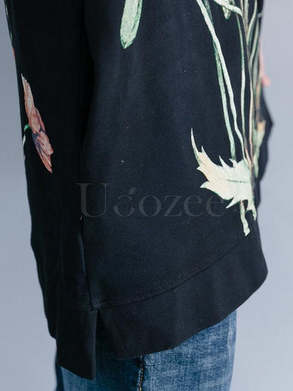 Casual Floral Printed High-neck Sweatshirt