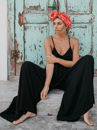 Solid Loose Bohemia Cross-strap Jumpsuits
