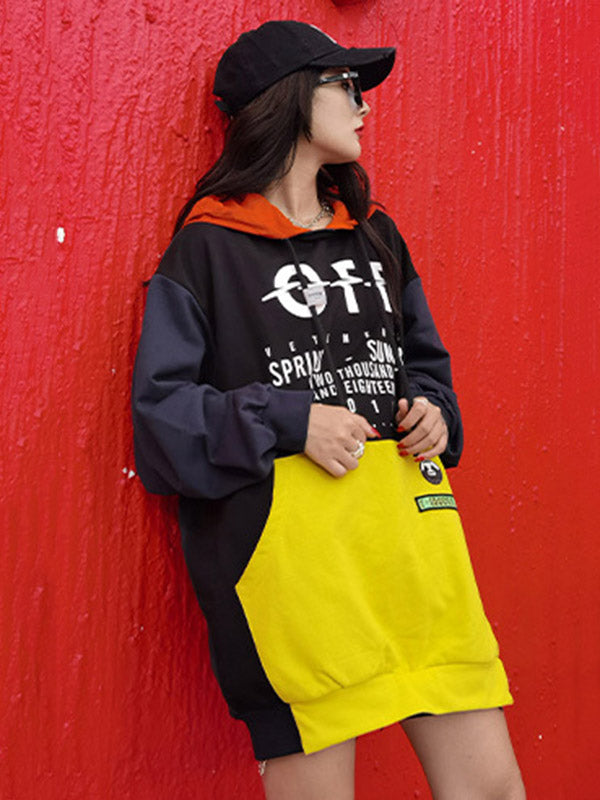 Original Split-Joint Contrast Color Letter Printed Batwing Sleeve Drawstring Hoodies