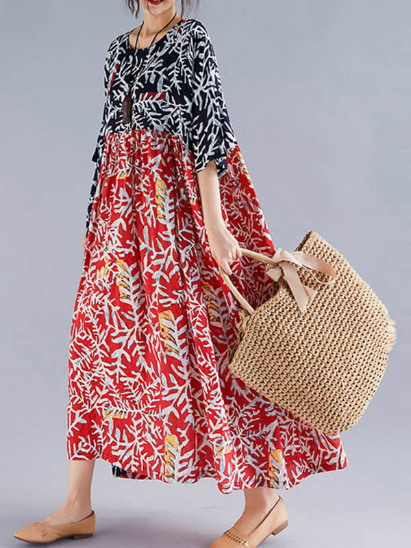 Original Printing Split-Joint Half Sleeve Midi Dress