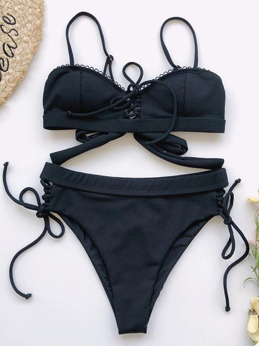 Solid Color Bandage Hollow Split Bikini Swimsuit