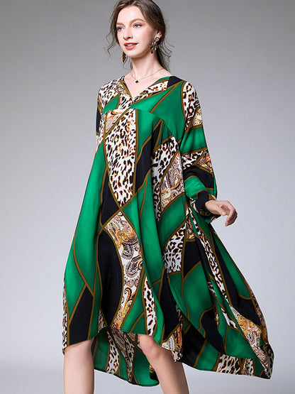 Casual Loose Split-Joint Contrast Color Leopard Floral Printed Lapel Collar Long Sleeves Midi Dress