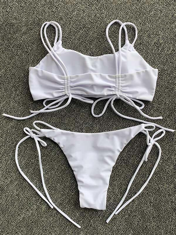 Solid Color Lace-Up Bikini Swimsuit