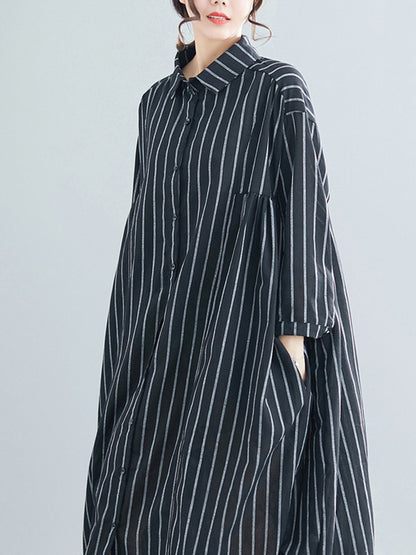 Simple Striped Buttoned Lapel Long Sleeves Shirt Dress