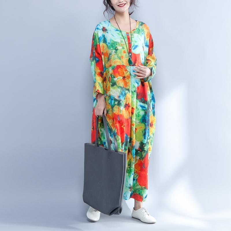 Colorful Printed Round Neck Long Sleeve Spring Dress