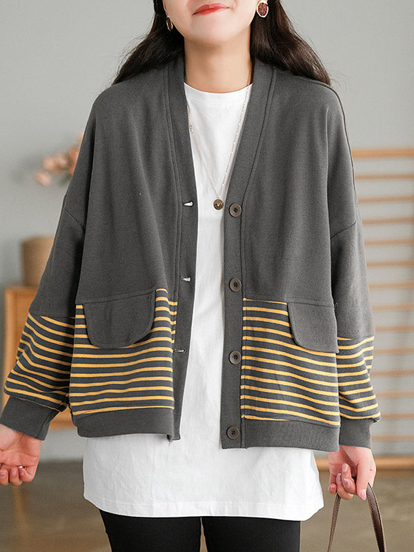 Casual Striped Buttoned V-Neck Batwing Sleeve Outerwear