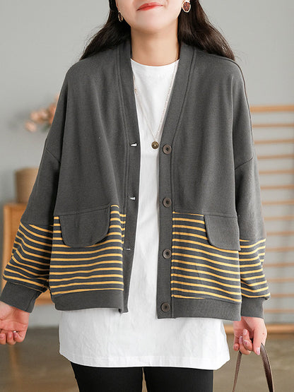 Casual Striped Buttoned V-Neck Batwing Sleeve Outerwear