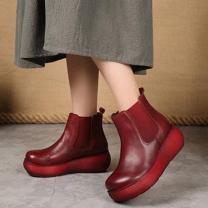 Buykud Pure Color Leather Stitching Retro Boots