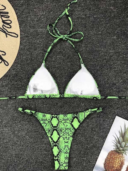 Snakeskin Print Top With High Cut Bikini Set