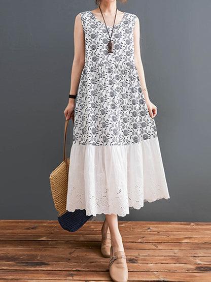 Loose Ramie Cotton National Printed Split-Joint Hollow Pleated Round-Neck Sleeveless Midi Dress