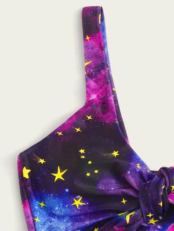 Starry Sky Print Knotted Split Bikini Swimsuit