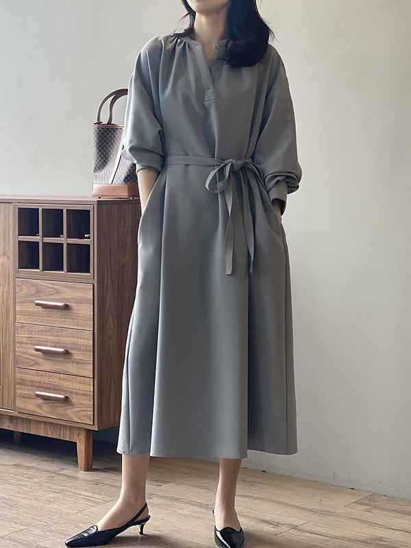 Urban Simple Solid Color Pleated Tied V-Neck Long Sleeves Midi Dress
