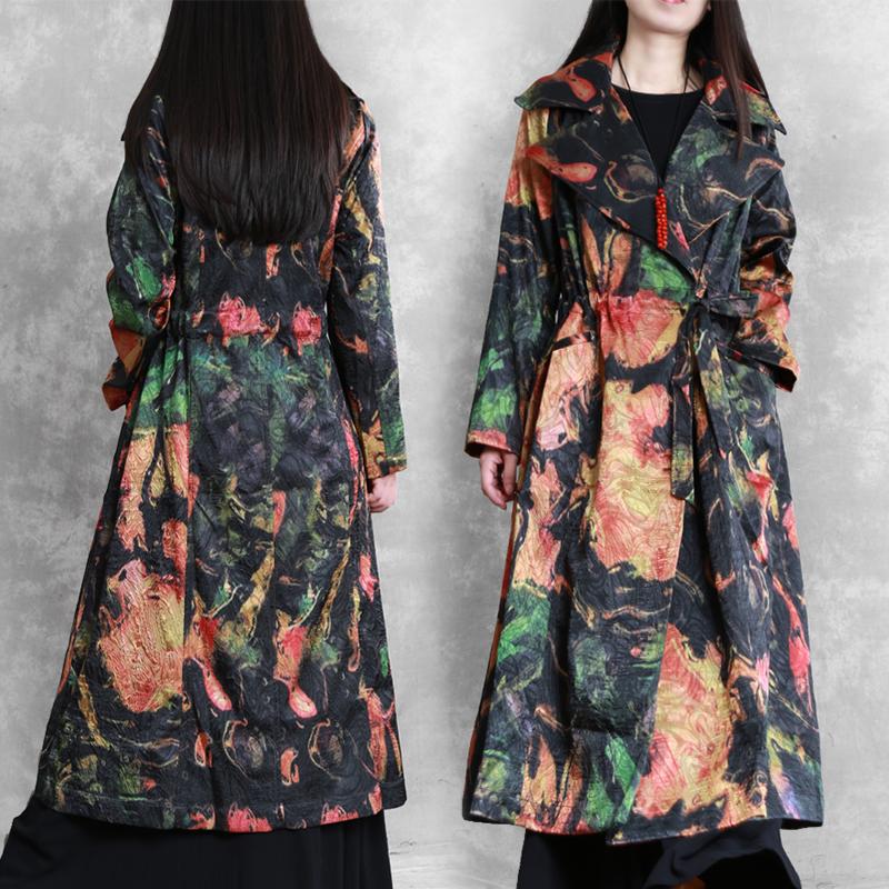 Buykud Fashion Printed Lacing Casual Loose Trench Coat