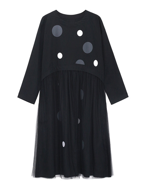 Stylish Split-Joint Pleated Polka-Dot Round-Neck Long Sleeves Midi Dress