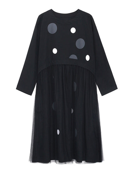Stylish Split-Joint Pleated Polka-Dot Round-Neck Long Sleeves Midi Dress
