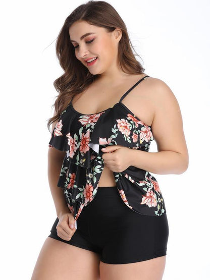 Plus Size Ruffled Printed Tankinis Swimwear