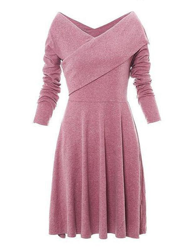 Vintage Solid V-Neck Long Sleeves Midi Dresses