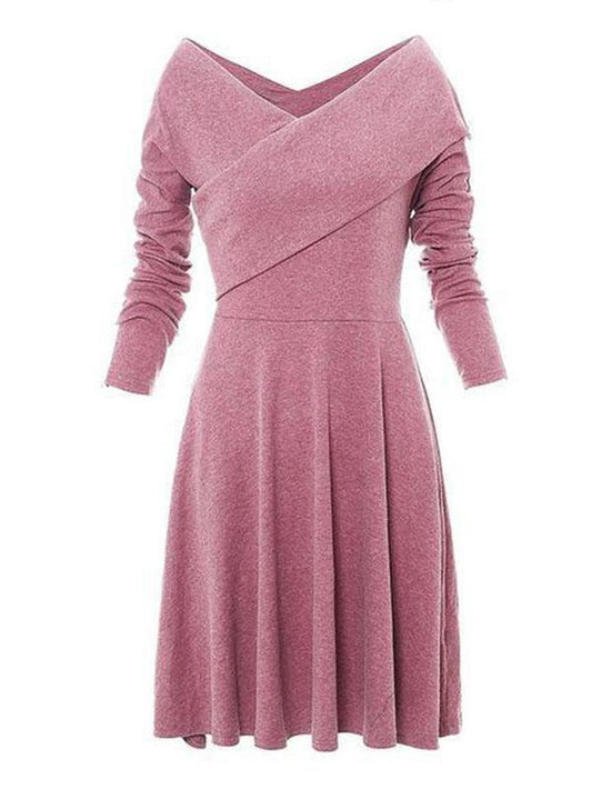 Vintage Solid V-Neck Long Sleeves Midi Dresses