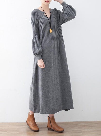 Solid Puff Sleeves Elastic Waist Sweater V-Neck Dress