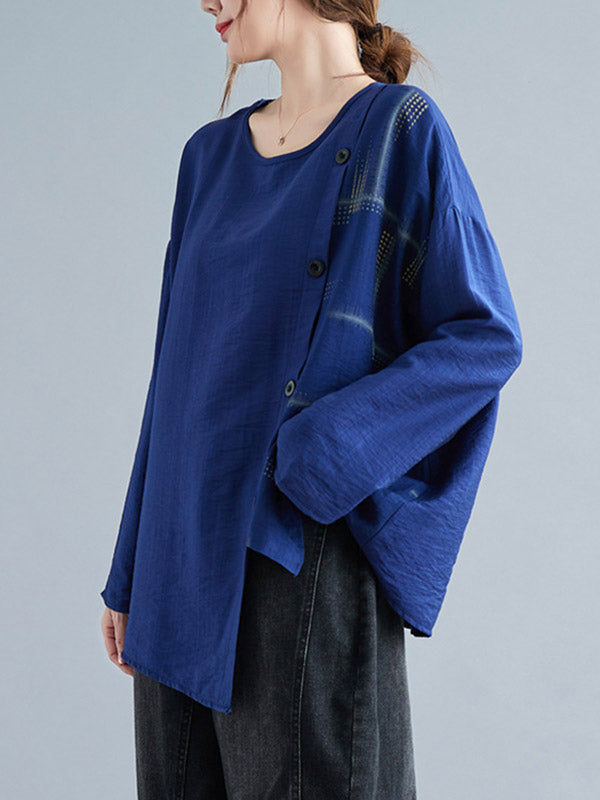 Casual Asymmetric Buttoned Round-Neck Long Sleeves T-Shirt Tops