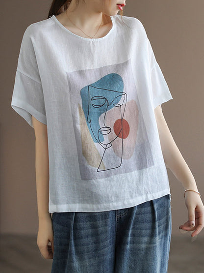 Original Linen Cartoon Printed Short Sleeve T-Shirts Tops