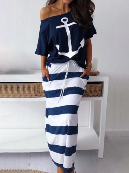 Simple Printed Tops And Long Skirt Suits