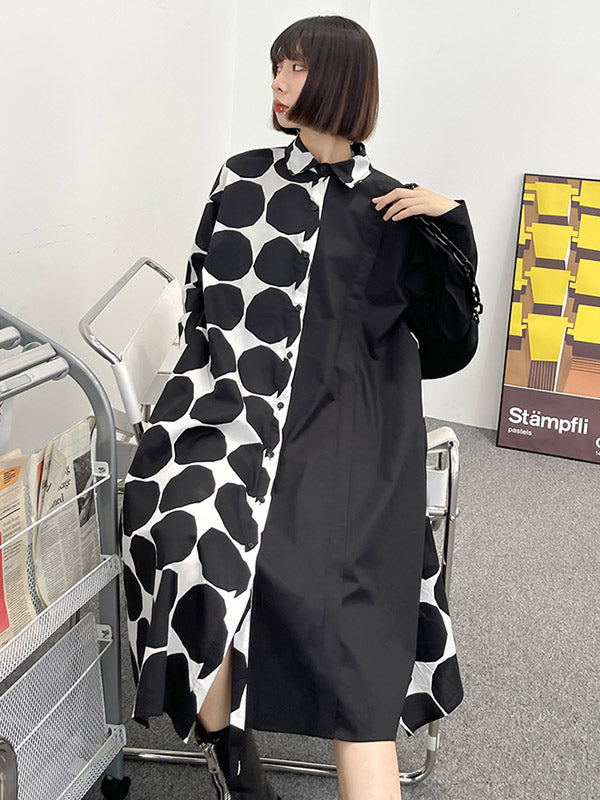 Stylish Irregular Polka-Dot Spit-Joint Buttoned Lapel Collar Long Sleeves Midi Shirt Dress