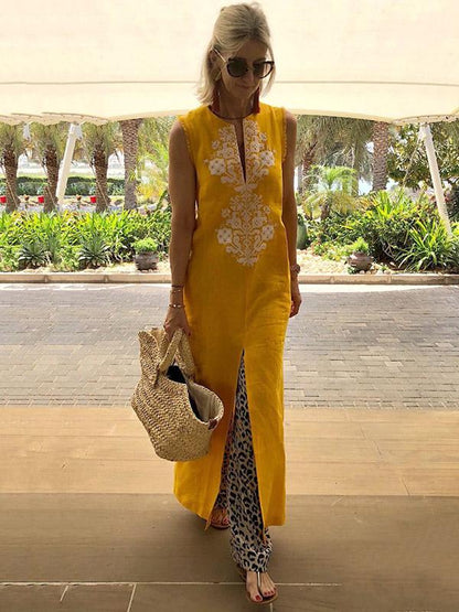 V-neck Sleeveless Split-front Maxi Dress