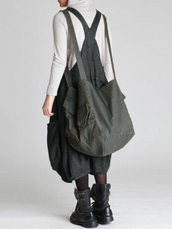 Casual Solid Color Split-Joint With Pocket Pleated Square-Neck Midi Strap Dress