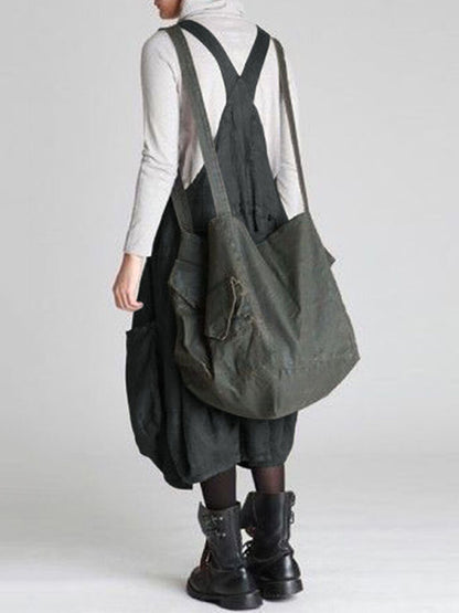 Casual Solid Color Split-Joint With Pocket Pleated Square-Neck Midi Strap Dress