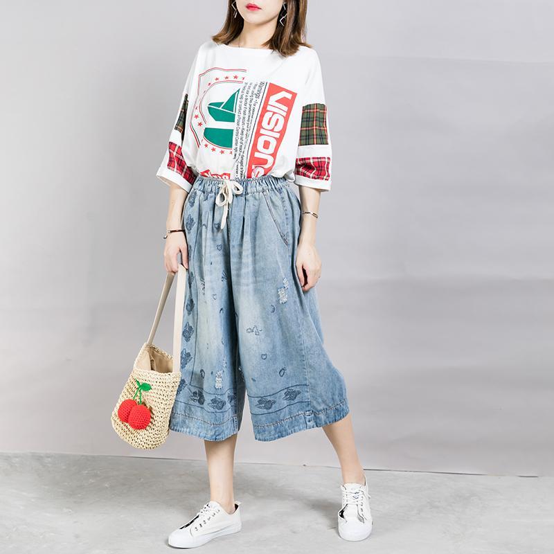 Embroidery Drawstring Casual Wide Leg Jeans