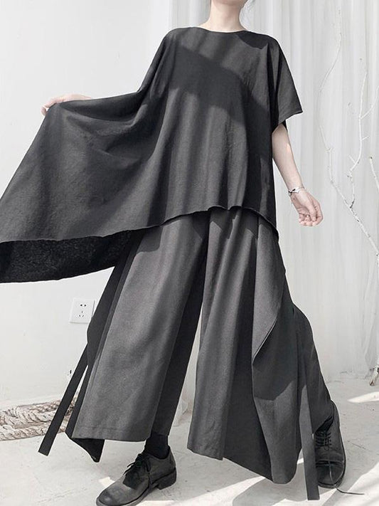 Black Loose Cropped Asymmetric T-shirt Tops