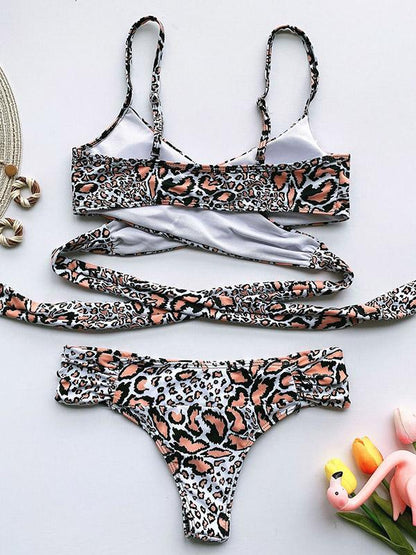 Leopard Print Lace-Up Bikini Swimsuit