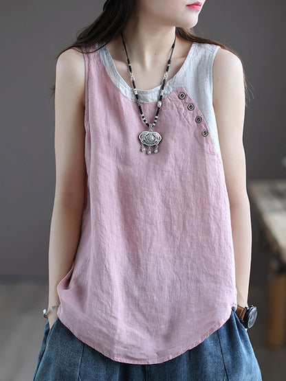 Leisure Split-Joint Linen Contrast Color Round-Neck Vest