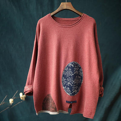 Buykud Retro Casual Pattern Printed Loose Knitted Shirt