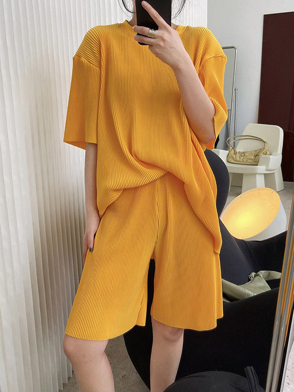 Simple Solid Color Plaited Short Sleeves T-Shirts