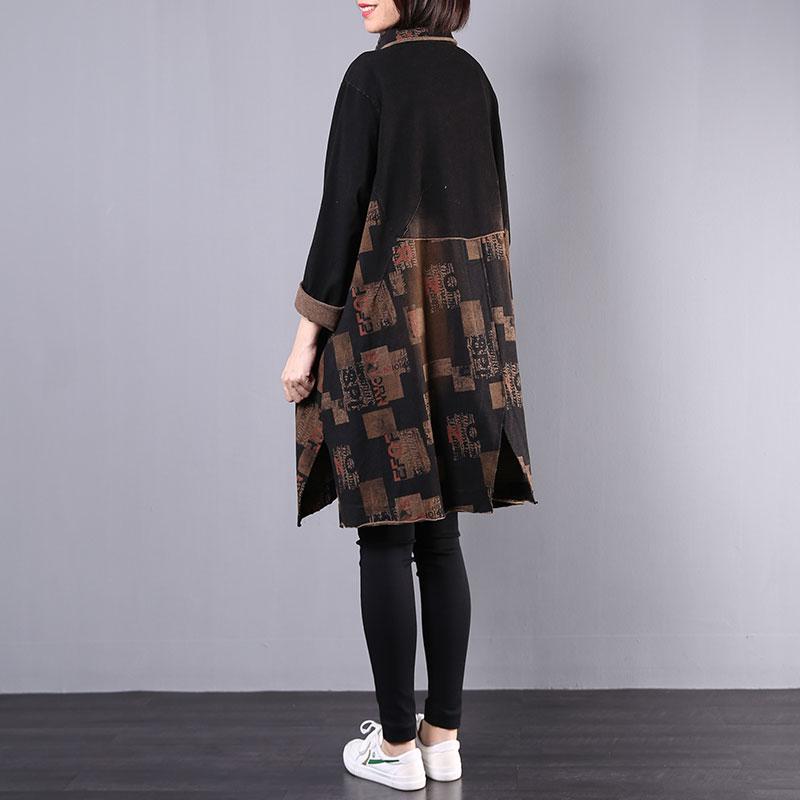 Buykud Retro Printed Split Hem Casual Loose Coat