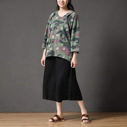 Camouflage Casual Irregular Hem Women Hooded Collar Shirt