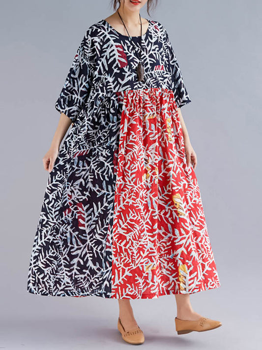Original Printing Split-Joint Half Sleeve Midi Dress
