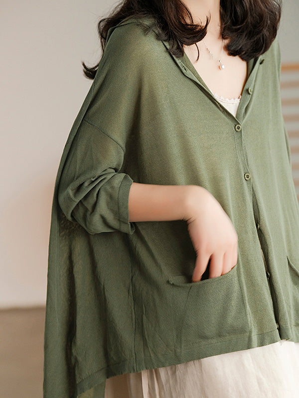 Casual Batwing Sleeve Hooded High-Low V-Neck Buttoned Cardigans