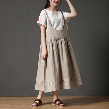 Beige Cotton Linen Loose Women Pleated Casual Dress
