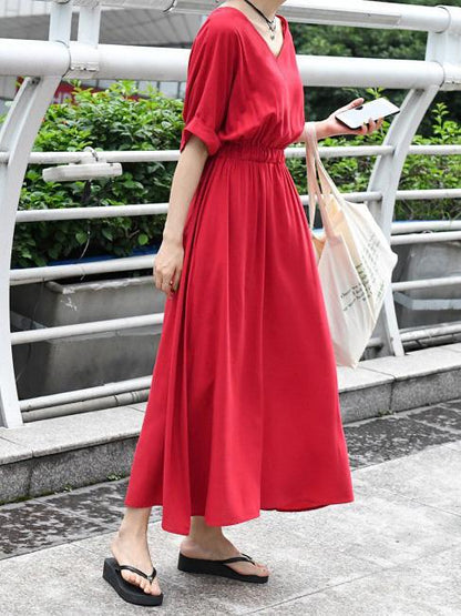 Loose Solid V-neck Short Sleeves Dress